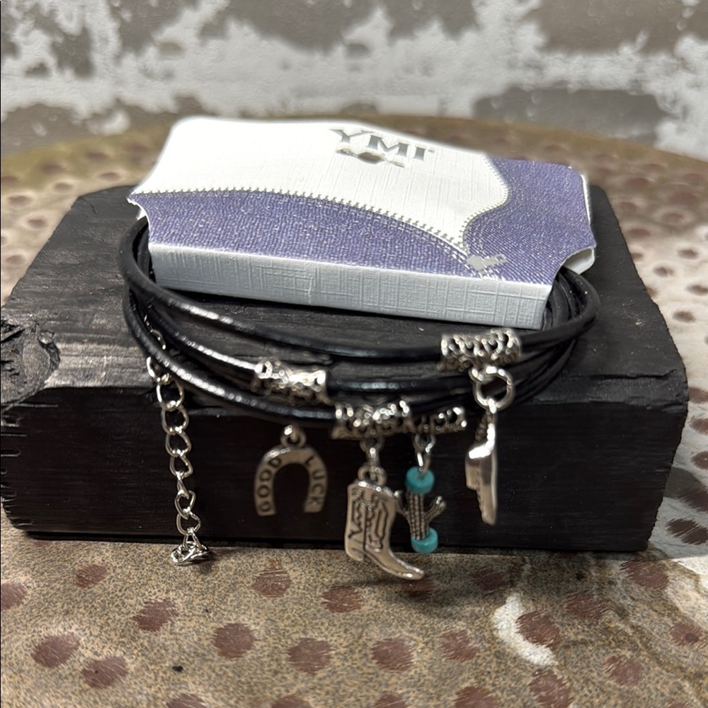 Black Leather Charm Bracelet with Silver Accents